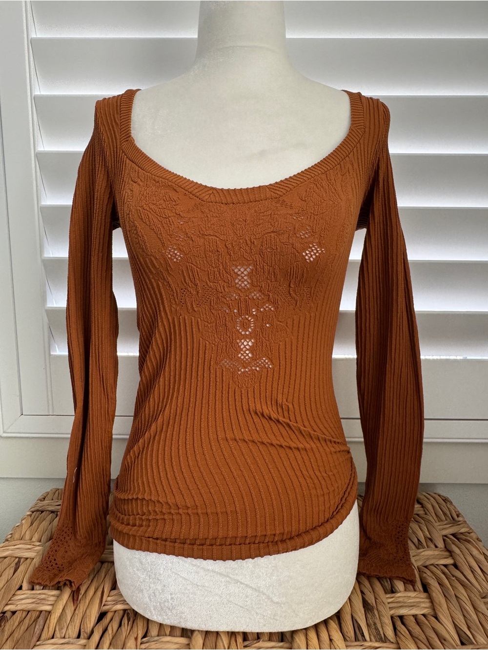 Free People Rust Long Sleeve Scoop Neck Ribbed Top